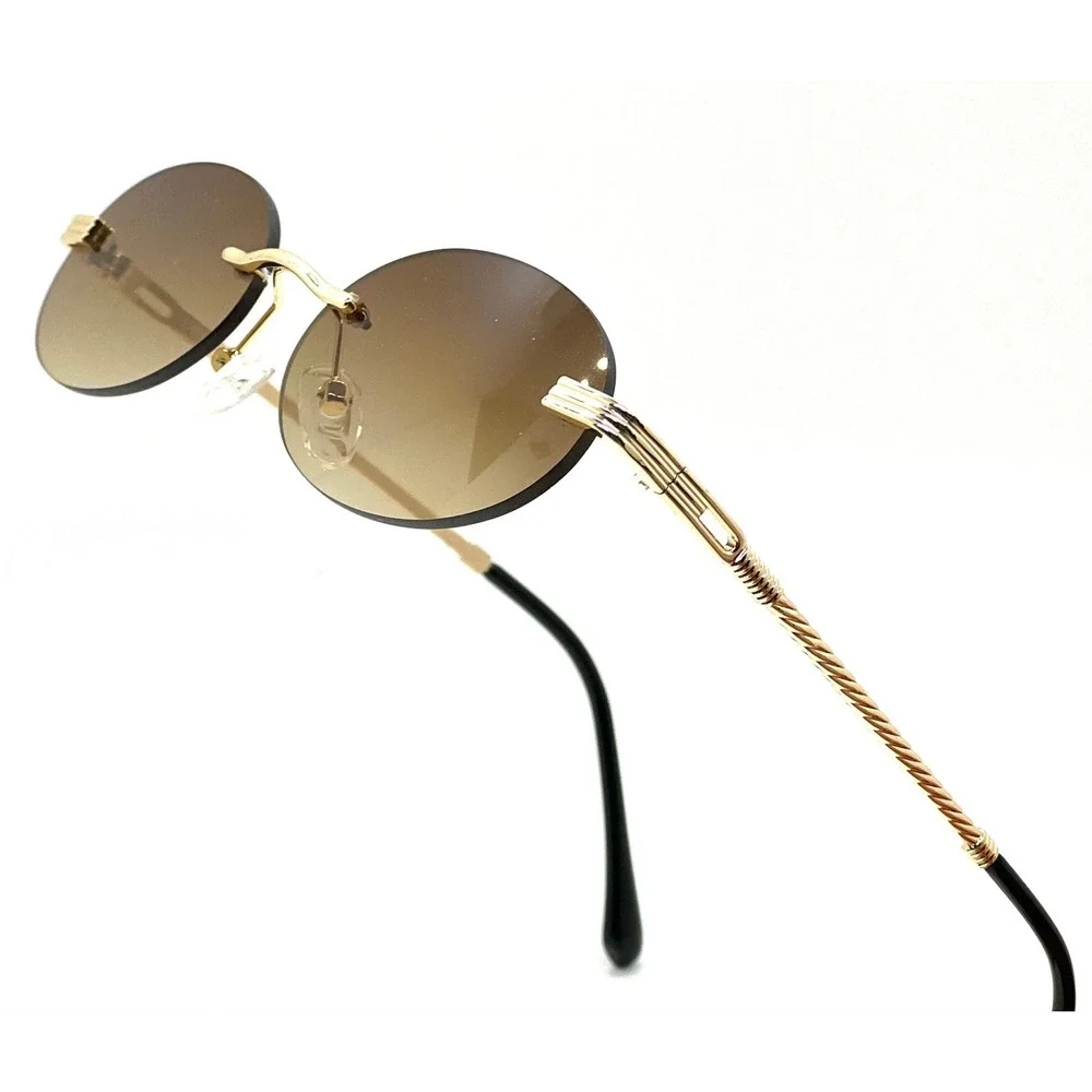 Men Rimless Brown‎ Lens Sunglasses Small Gold Shades Male Round Minimalist Gafas